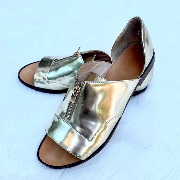 Zara Gold Metallic Zipper Sandals Statement Summer Shoes Size 10 - Picture 2 of 8